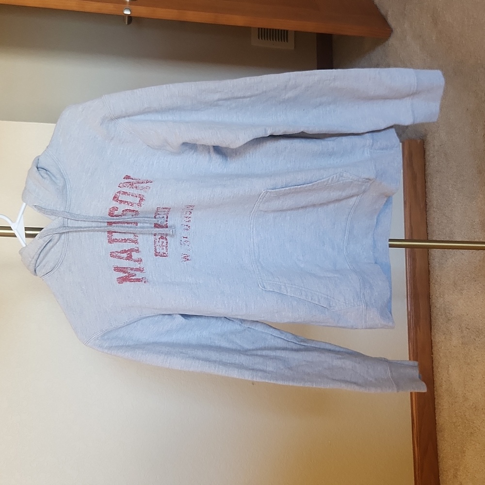 Gray with red "Madison" hooded sweatshirt. 70% Cotton 20% Polyester